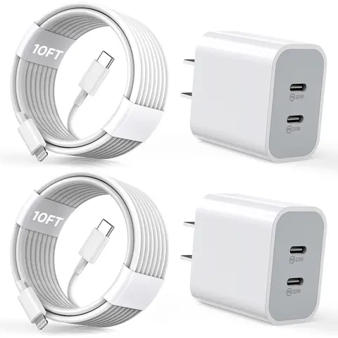 2Pack PD Dual USB C Charger Block Fast Charging Wall Charger Plug with 10FT Long Rapid Type C - Lightning Cable Charger for iPhone 14/13/12/11 Pro/XS/XR/SE iPad, Mobile
