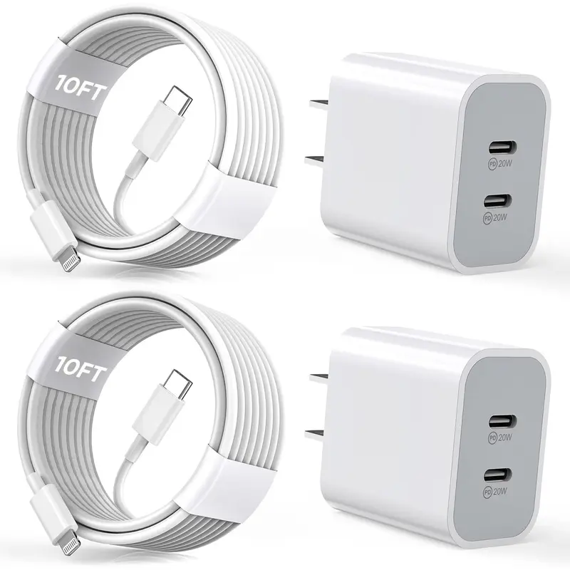 2Pack PD Dual USB C Charger Block Fast Charging Wall Charger Plug with 10FT Long Rapid Type C - Lightning Cable Charger for iPhone 14/13/12/11 Pro/XS/XR/SE iPad, Mobile