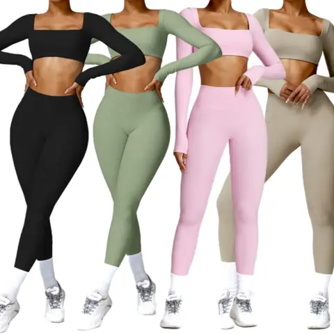 Women's Workout Set - Long Sleeve Square Neck Crop Top & High Waist Leggings for Yoga & Gym