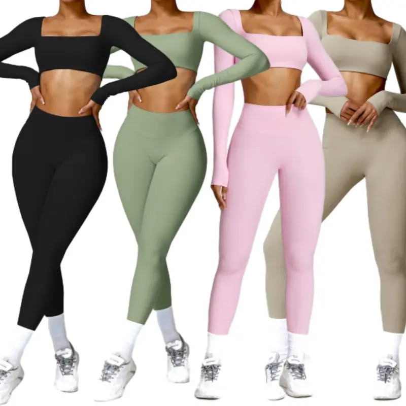 Women's Workout Set - Long Sleeve Square Neck Crop Top & High Waist Leggings for Yoga & Gym