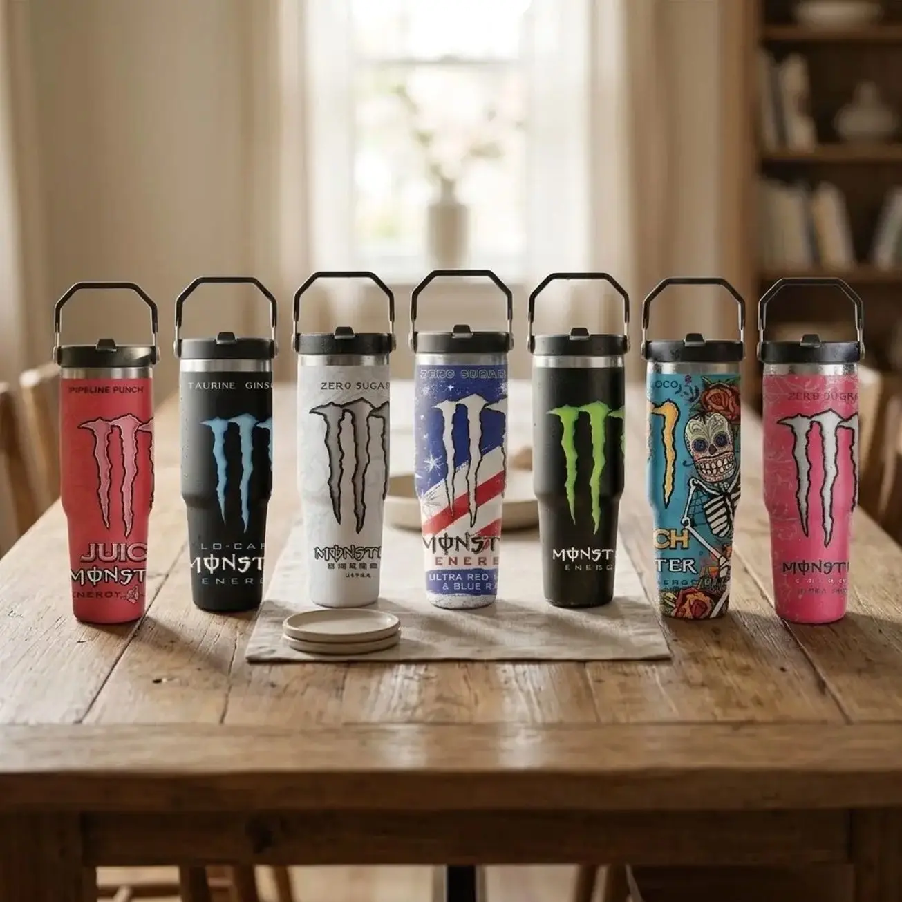 Energy Full Color Drink-Inspired Stainless Steel Tumbler with Handle, 20oz/30oz/40oz Double-Wall Vacuum Insulated Travel Mug with Straw