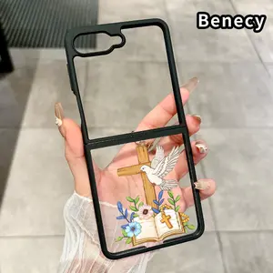 Cross Dove Blessing Pattern Protective Case for Z Flip 7/6/5/4, Double Protection Transparent Silicone TPU Foldable Cover with Camera Lens Guard