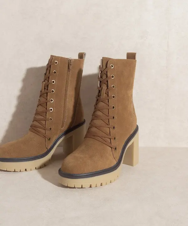 OASIS SOCIETY Jenna - Platform Military Boots, Rubber, Shoe, Lace, Footwear, Women, Latte, Suede