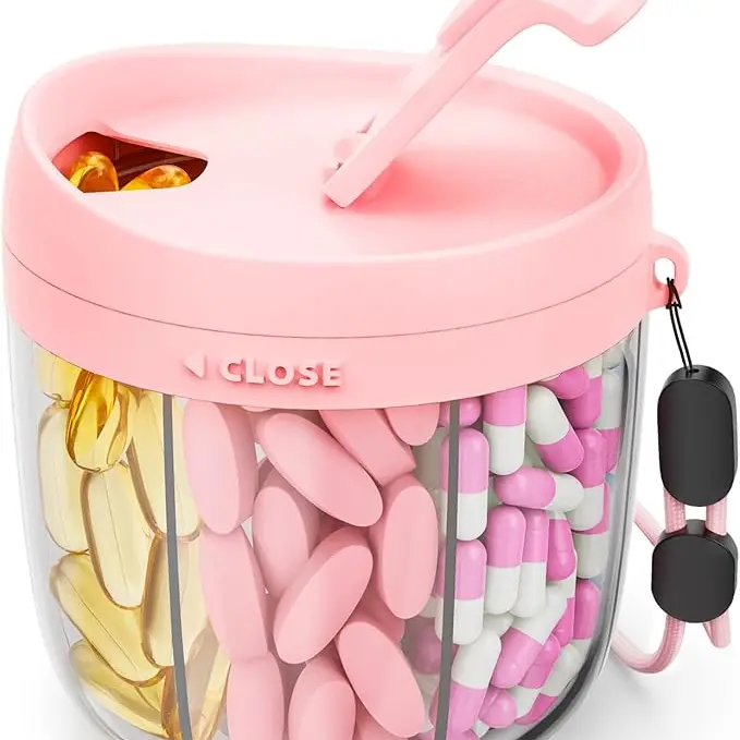 Cute Pill Dispenser with 7 Large Compartments, Portable Pill Bottle Organizer with Wide Opening for Easy Use, Anti-Mix Pill Organizer for Travel, BPA-Free Pill Container, Pink Healthcare Organizer with Times a Day Weekly stick-on label Capsule