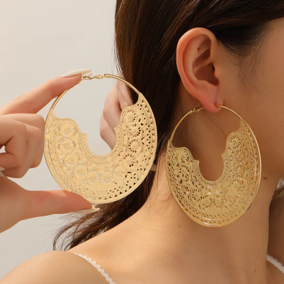Women's Bohemian Retro Statement Earrings - Oversized Hollow Round C-Shape Costume Jewelry,hypoallergenic