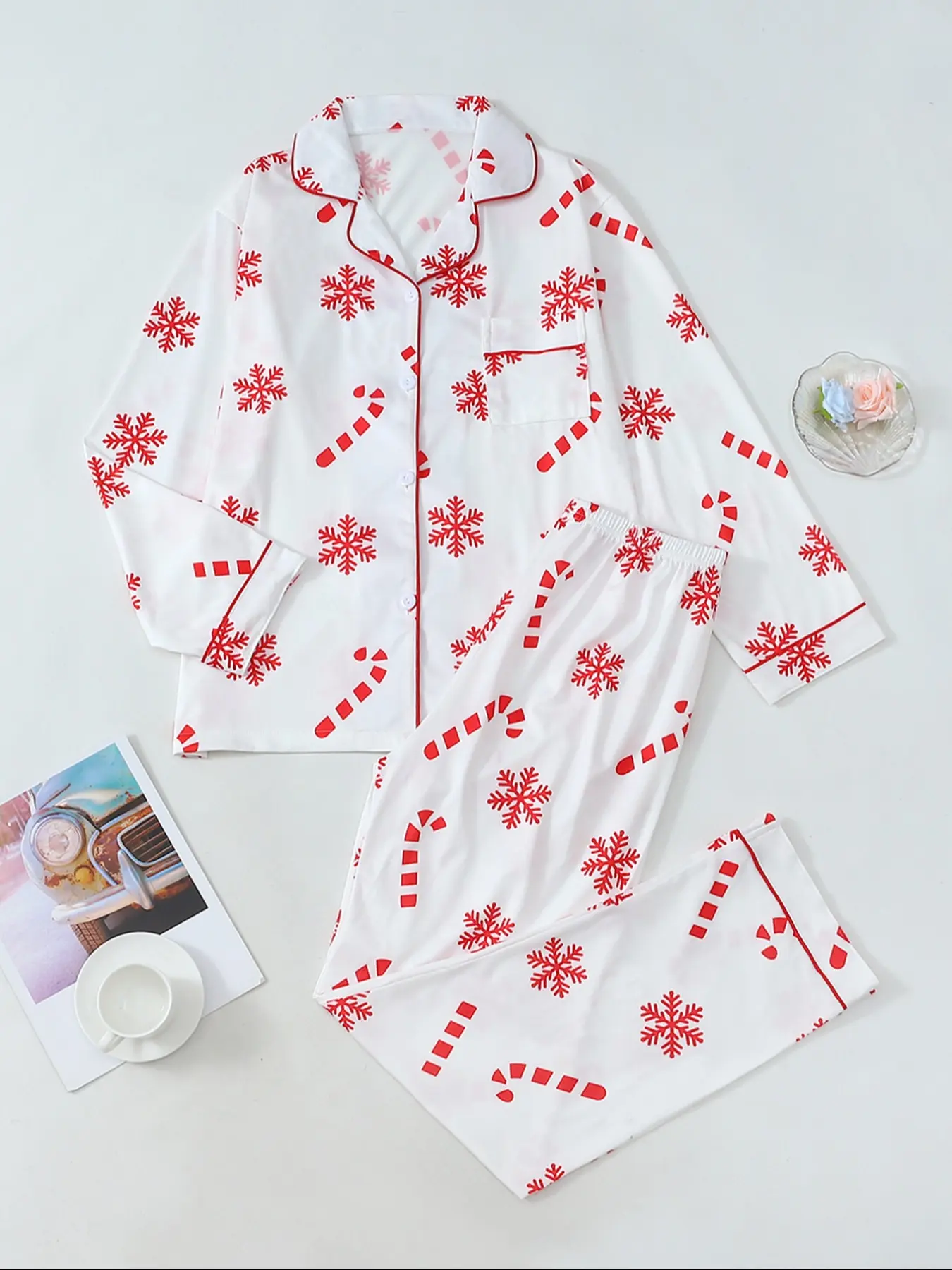 Women's Christmas Print Pajama Set, Long Sleeve Lapel Button Design, Soft Breathable Fabric, Holiday Casual Wear, Winter Home, Pjs
