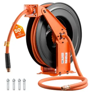 Retractable Air Hose Reel, 1/2 Inch X 50 Ft Rubber Air Hose, Max 300 PSI, Auto Rewind Air Compressor Hose Reel With 5 Ft Lead-In, Ceiling Or Wall Mount, Heavy Duty Steel Double-Arm