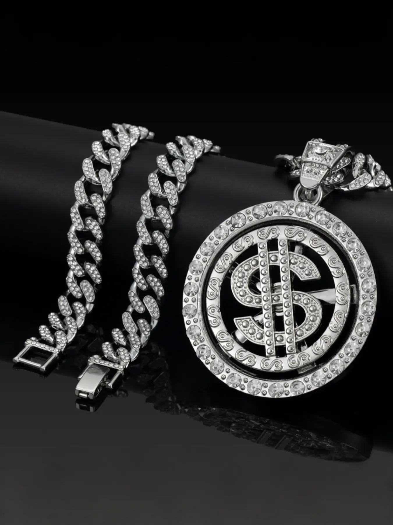 Hiphop Rotating Dollar Letter Pendant Necklace, Alloy Chain Zircon Jewelry, Street Style Art Culture Accessory, Unisex Fashion Gift, Cuban Link Necklace