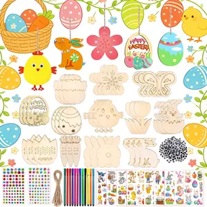 124 Piece Easter Wooden Ornament Set, Decorative Flowers Ornaments, Wall Hanging Ornament, Includes 36 Wood Pieces, 36 Strings, 36 Eyes, Creative Gift for Easter Decorations