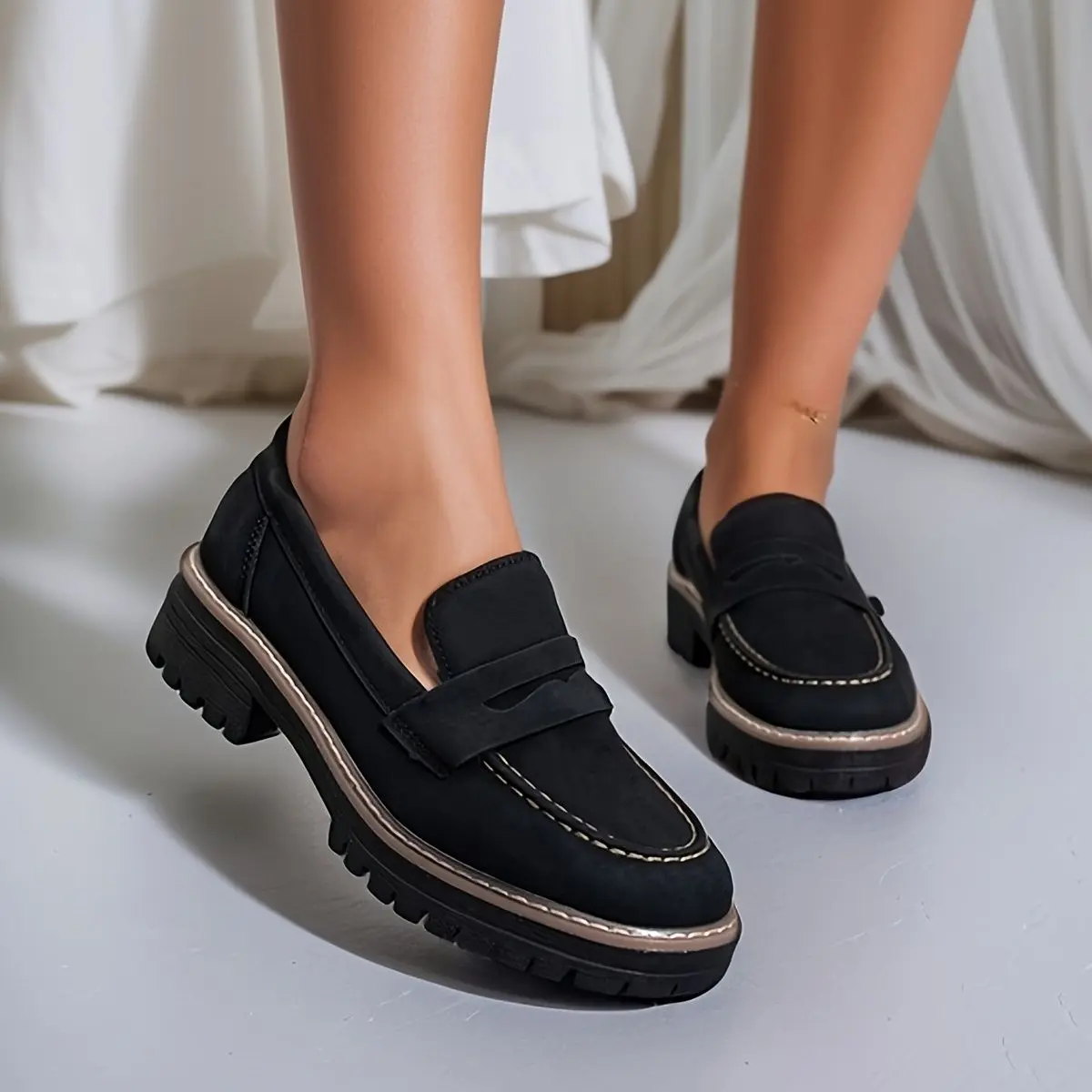 Penny-Loafers For Women Comfort Platform Chunky Slip On Moccasin Shoes For Work, Causal