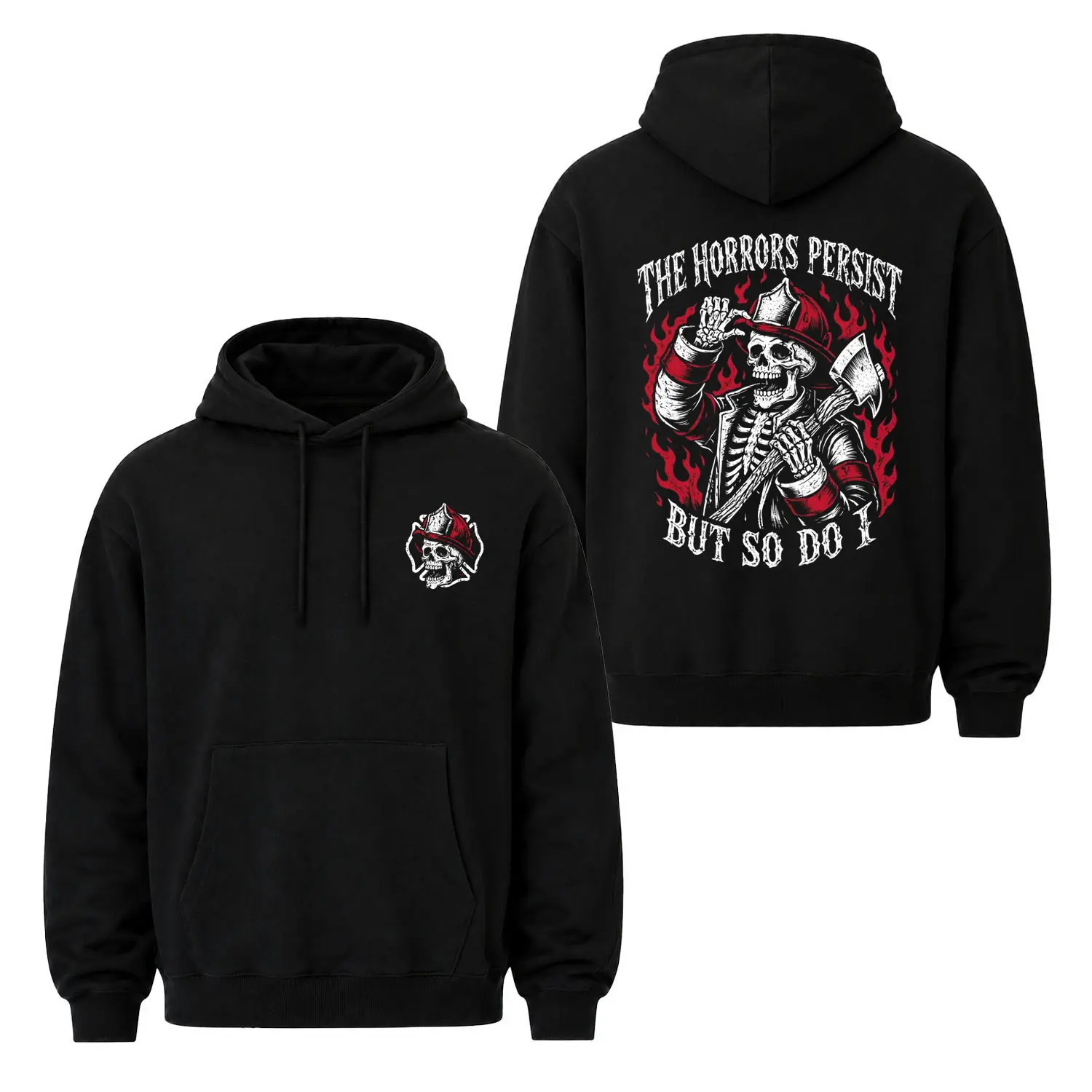 The Horrors Persist But So Do I Firefighter Hoodie, Halloween Skeleton Fireman Pullover for First Responders