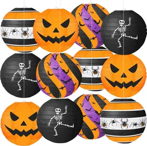 Halloween Paper Lanterns, 12 count Halloween Hanging Paper Lanterns, Orange Black Purple Spider Skeleton Bat Lanterns for Halloween Party Decorations Indoor Outdoor Spooky  Decor