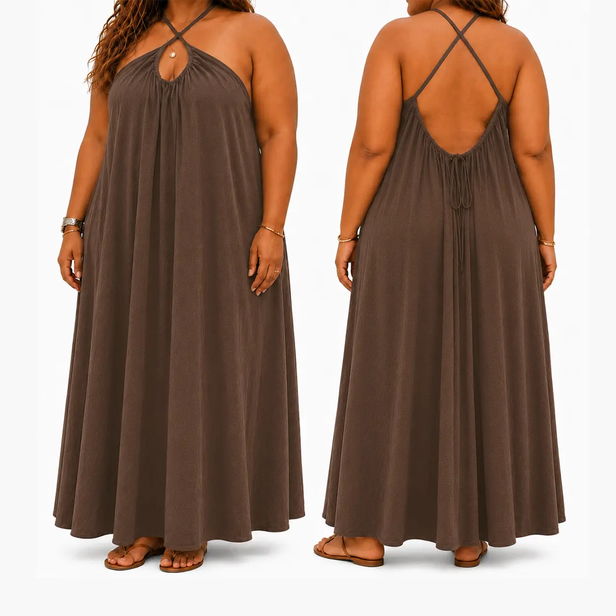 Plus Size Women's Solid Color Backless Spaghetti Strap Cami Dress, Casual Minimalist Sleeveless Oversize Dress for Summer, Ladies Clothes for Beach Holiday Vacation, Backless Dresses, Womenswear