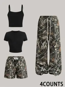 Camouflage Four-Piece Set, Streetwear Tank Top & Short Sleeve Shirt, High-Waisted Wide-Leg Pants, Y2K Style, Casual Urban