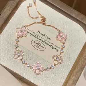 Pink Enamel Clover Link Bracelet - Rose Gold Tone with Sparkling CZ Accents, Trendy Floral Jewelry for Daily Glam