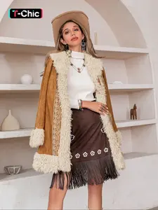 Women's Ethnic Pattern Contrast Faux Fur Waterfall Coat, Casual Long Sleeve Open Front Suede Outerwear For Fall & Winter, Women's Clothing For Daily Wear Jackets