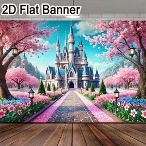 2D flat banner, 1pcFairytale castle backdrop with blue spires and arched windows, perfect for creating enchanting scenes at garden parties, weddings, and photo shoots. Ideal for indoor and outdoor decorations, bringing a whimsical touch to your hom