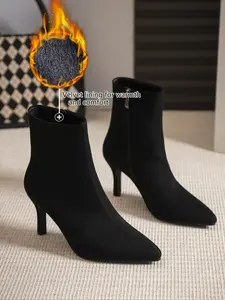 Women's Solid-Color Pointed-Toe High-Heel Ankle Boots Side-Zip Design Fashionable Women's Boots Fleece-Lined for Warmth Velvet Fabric Short-Boot Style Pointed Toes Boots Winter Warm Shoes