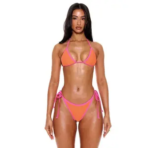Resort contrasting triangle bikini top for summer and spring vacations, sexy Ibiza beach wear, nano sized swimsuit, solid color suspender, casual flag print set, color block stripes, adjustable strap style swim top