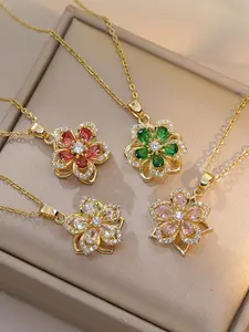 Women's Necklace, Golden Flower Relief Anxiety Rotating Necklace, Rotating Crystal Silver Flower Pendant Necklace, Adjustable Rotating, Red Sprout Flower Choker, Fun Gift Jewelry
