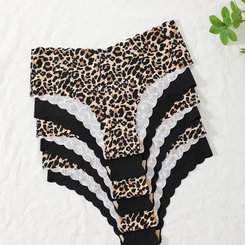 Women's Leopard Print Scallop Trim Knicker Soft Comfy Breathable Panty for Daily Wear, Casual Comfy Panty, Underwear for All Seasons, Multicolor, Womenswear, Knitted Stretch Underwear, Breathable Fit Panties, Breathable Knickers