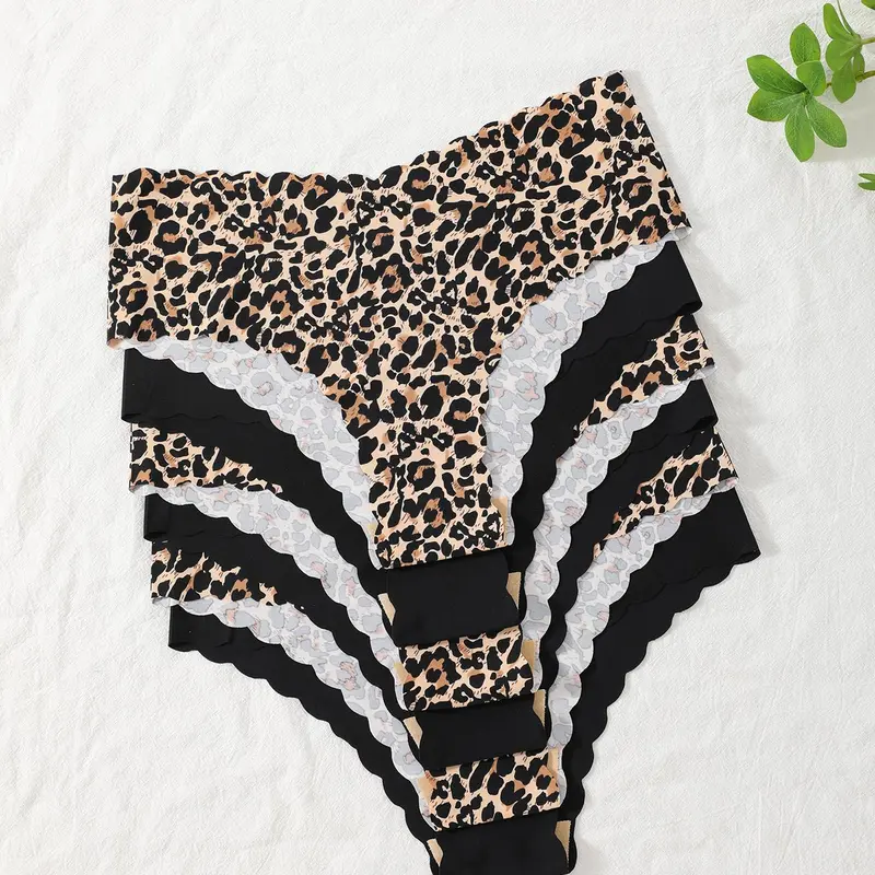 Women's Leopard Print Scallop Trim Knicker Soft Comfy Breathable Panty for Daily Wear, Casual Comfy Panty, Underwear for All Seasons, Multicolor, Womenswear, Knitted Stretch Underwear, Breathable Fit Panties, Breathable Knickers