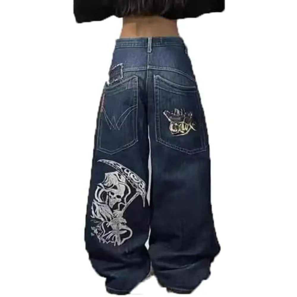 Vintage Y2K Jeans Skeleton Print Baggy Denim Pants for Women Gothic Streetwear High Waist Wide Leg Relaxed Fit Hip Hop Pants