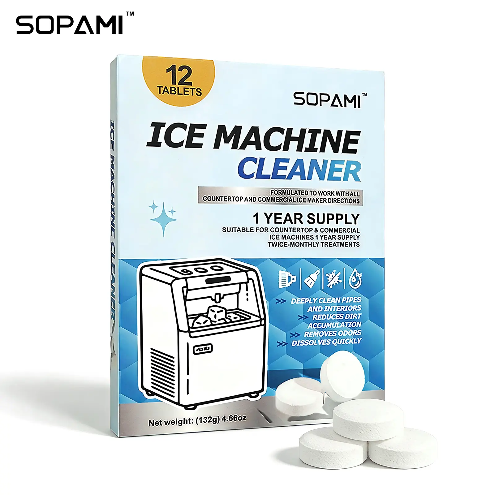 SOPAMI Ice Machine Cleaner Tablets | 12 Count, Deep Cleans & Descaler for Countertop Standalone Ice Makers, Removes Limescale, Dirt & Odors, Safe for Stainless Steel