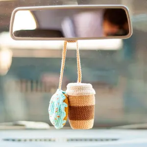Loppy Puff - Coffee Cup And Donut Crochet Charm, Cute Car Accessories Interior Rear View Mirror Ornaments Car Hanging Accessories For Everyone