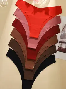 6pcs Women's Seamless Triangle Panties Comfortable Smooth Fabric Solid Color Underpants Multicolor Briefs Mid Rise Ruffle Hem Casual Comfy