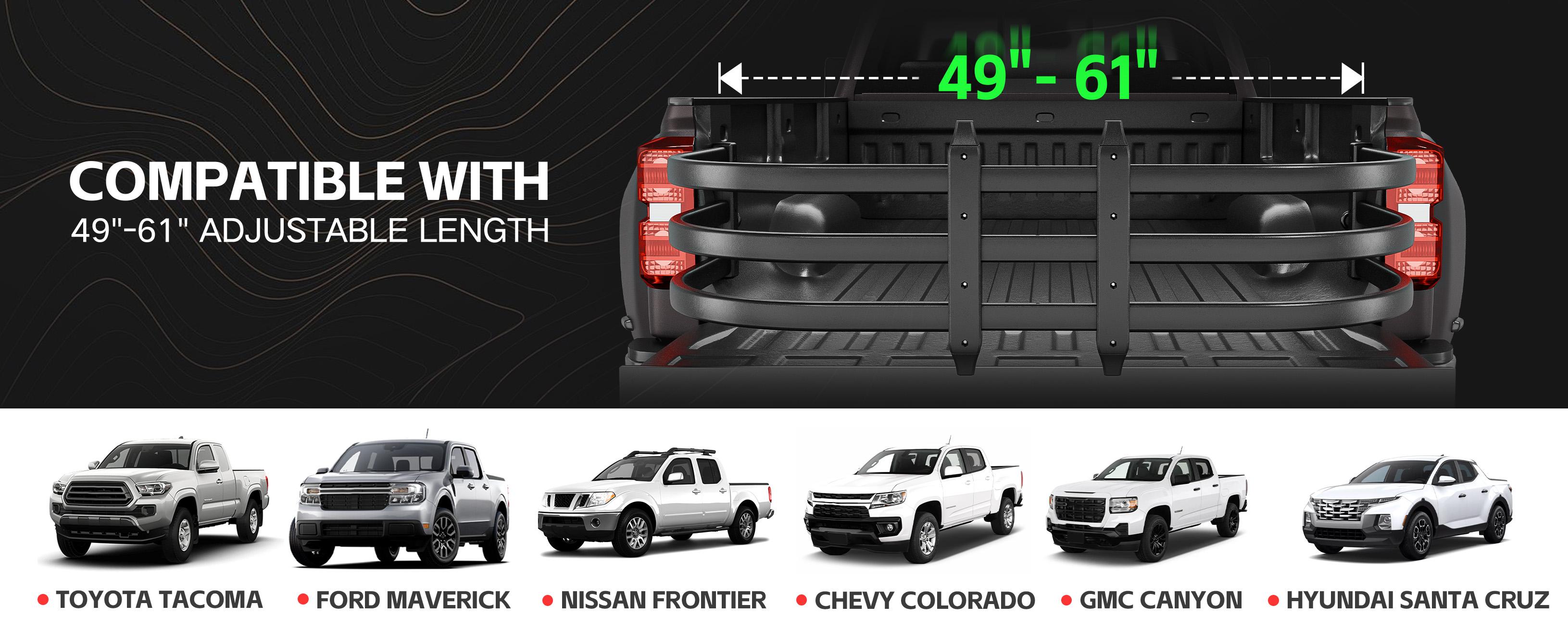 Truck Bed Extender, Aluminum Retractable Tailgate Extender, 49"-61" Adjustable Length, Drill Required, Fits for Toyota Tacoma, Nissan Frontier, Chevy Colorado, GMC Canyon, Maverick, Santa Cruz