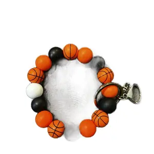 Basketball Bracelet with Orange Beads, Black and White Design, Includes Keyring Attachment