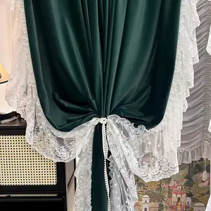 French Vintage Design Lace Room Decor Curtain with Wood Trim, American Velvet Fabric, Home Living Room Bedroom Study Drapes, No Ca Prop 65