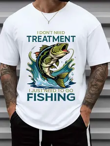 Men's 180g 100% Cotton Fishing Print T-Shirt - Short Sleeve Round Neck Casual Streetwear with Fishing Rod & Fishermen Net Design, All-Season Comfortable Tee for Anglers, Christmas Gift