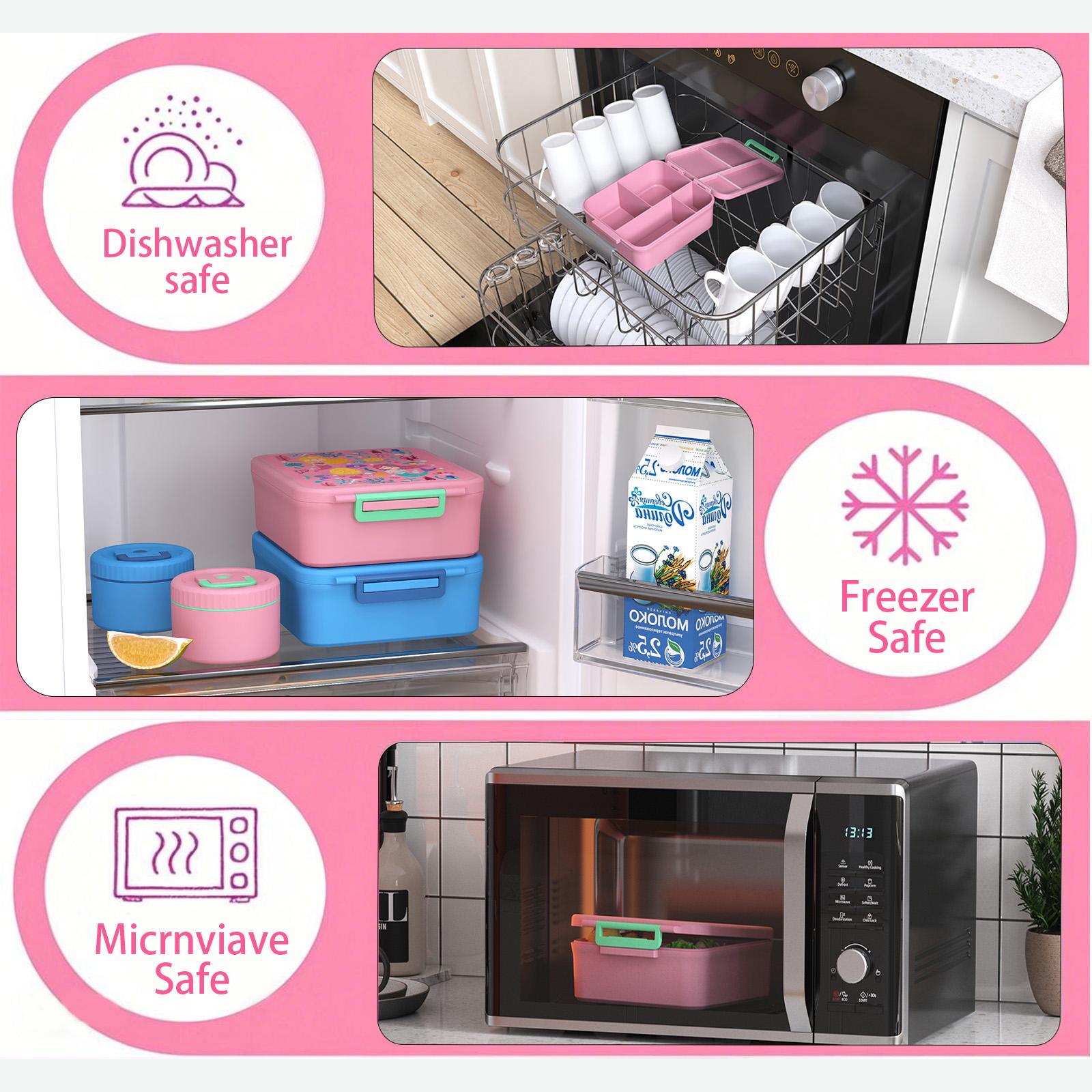 Insulated Bento Box + 8 oz Soup Warmer Hot Food Jar - 4 Lunch Compartments, Includes Utensils, Bright Pink/Blue, Perfect for School Trips & All Occasions Gift