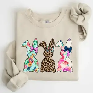 Retro Easter Rabbits Graphic Sweatshirt & T-shirt, Floral Leopard Bunnies Design, Women's Crew Neck Apparel, Soft Cotton Top, Made In The USA		