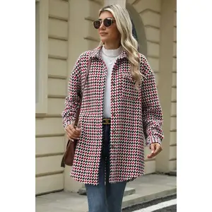 Houndstooth Button Up Dropped Shoulder Coat Polyester Womenswear Jackets Tops