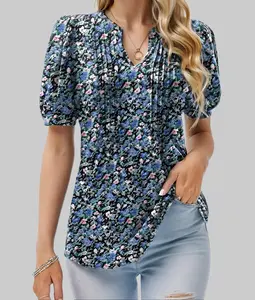 ZEAGOO  Women's V Neck T Shirts Puff Short Sleeve Floral Pleated Tops Fashion Summer Casual Tunic Blouse Shortsleeve Womenswear Vneck