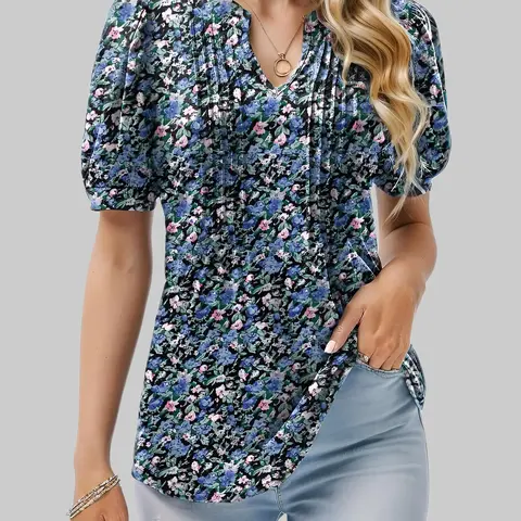 ZEAGOO Women's Blousy V-Neck Elastane Blouse - Women's Tops with Black Floral Print, Puff Sleeves, Pleated Front, Summer Tunic for Party, Work, Going-Out Wear