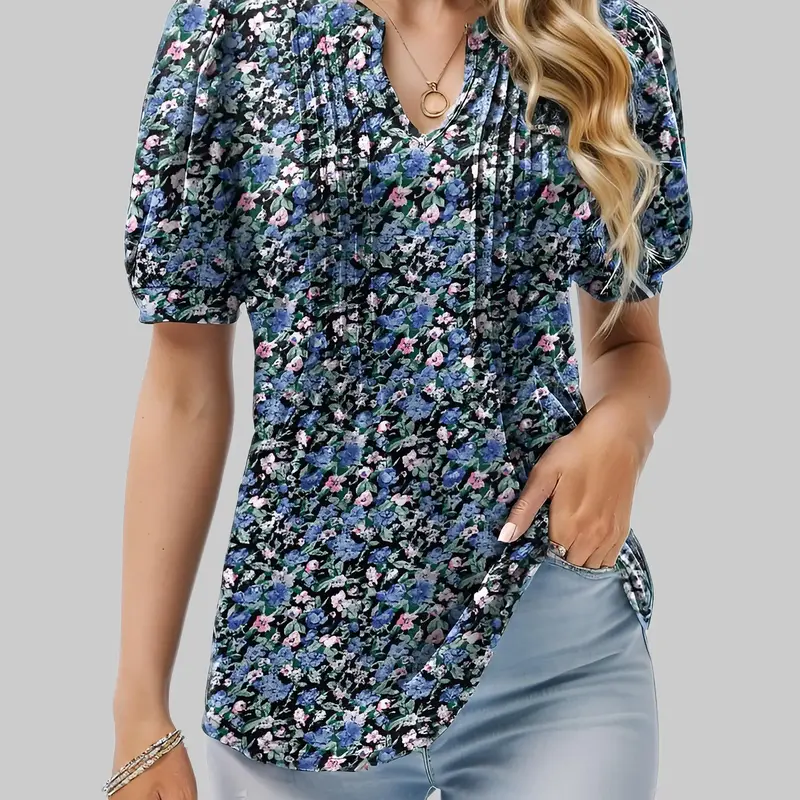 ZEAGOO Women's Blousy V-Neck Elastane Blouse - Women's Tops with Black Floral Print, Puff Sleeves, Pleated Front, Summer Tunic for Party, Work, Going-Out Wear
