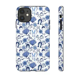 Bob's Burgers themed blue floral pattern phone case, compatible with iPhone 17/16/15/14/13/12/11 Pro Max/Plus and Samsung Galaxy S23FE/22/23/24/25.