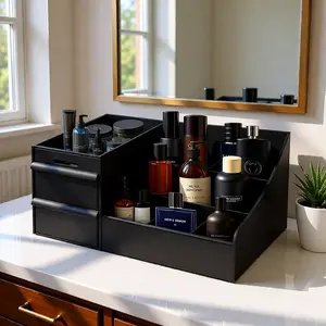 Men's High-End Perfume Storage Box Black 7 Compartments 2 Extra-Deep Drawers for Skincare Grooming Essentials Ideal for Bathrooms Offices Perfect Gift for Men
