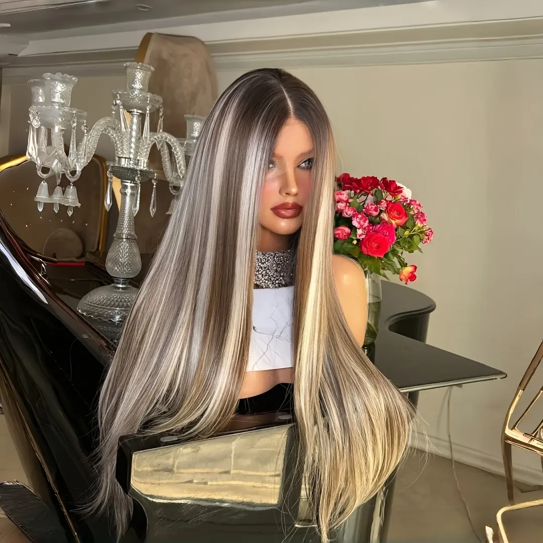 Women's Glueless Silky Straight Synthetic Lace Front Wig, 28 Inches Long with Brown Highlights, 13x4 Lace Front Pre-Plucked Natural Hairline, Heat Resistant