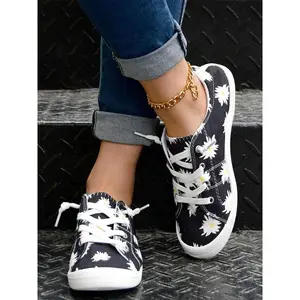 Women's Fashionable Daisy Pattern Low Top Sneakers, Casual Comfortable Breathable Lace Up Sports Shoes, Female All-match Round Toe Shoes for Daily Wear