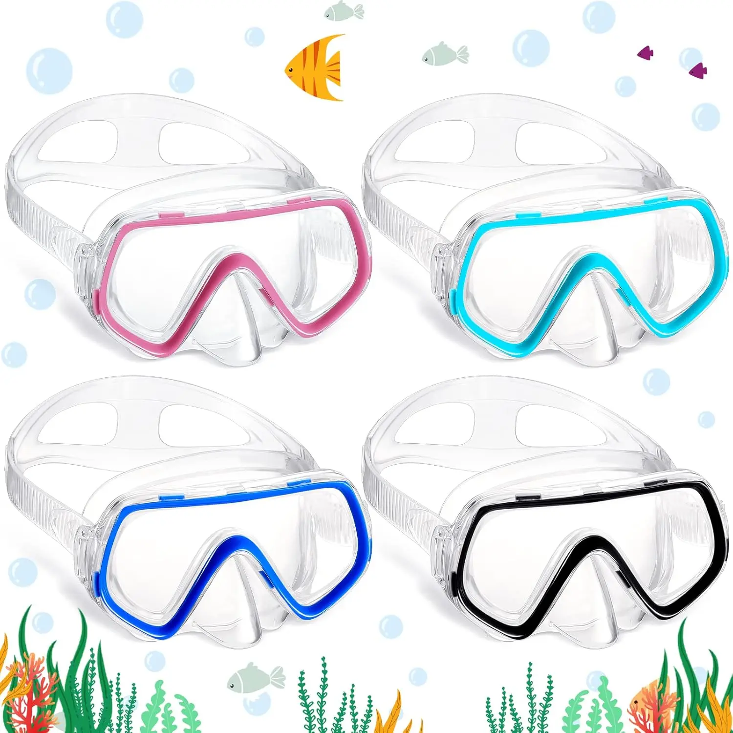 4 count  Nose Goggles Swim Goggles with Nose Cover for 3-8 Tempered Glass Snorkel Dive Mask Anti Fog with Elastic Strap No Leak Swimming Mask for Summer Diving Snorkeling