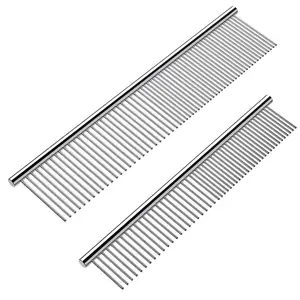 2 Pack Dog Combs with Rounded Ends Stainless Steel Teeth, Cat Comb for Removing Tangles and Knots, Professional Grooming Tool for Long and Short Haired Dog, Cat and other pets, 6.3in/7.5in