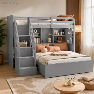 ARCH Twin over Full Bunk Bed with Storage Stairs, Wardrobe,USB and Ligh,Gray