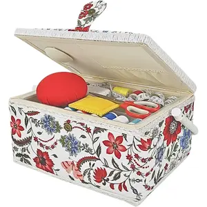 Sewing Basket Large with Complete Sew Accessories and Removable Tray, Professional Beginner Sewing Box for Sewing Supplies, Red Floral