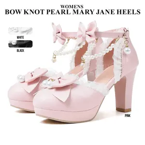 CYNLLIO Womens Mary Jane Block High Heels Rounded Toe Bow Tie Ruffles Pearl String Bead Ankle Strap Dress Outing Wedding Party Casual Fashionable Cosplay Kawaii Spring Summer Pump Shoes Deals For You Days
