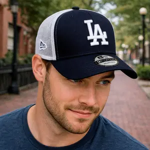LA Dodgers Navy Baseball Cap White Embroidered Logo Mesh Trucker Hat Adjustable Fit Casual Wear MLB Streetwear A-Frame Design